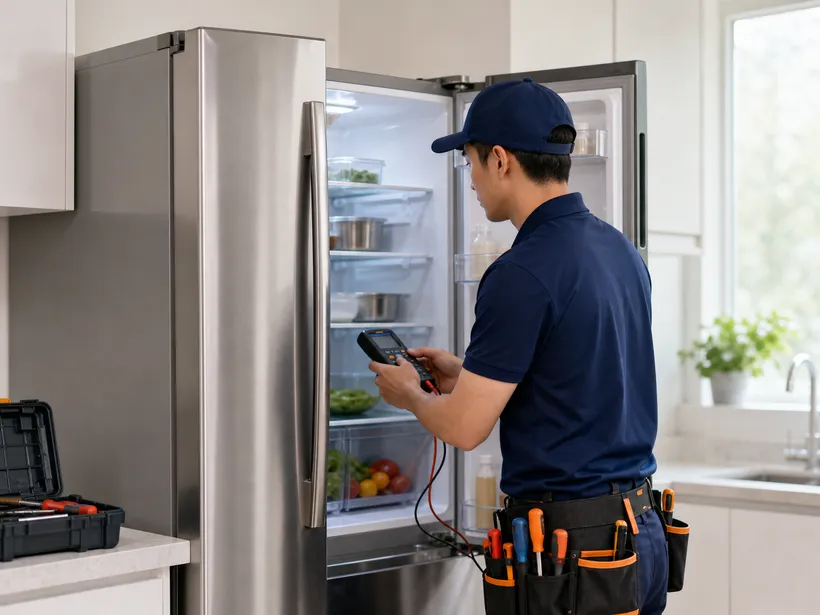 Technician repairing a refrigerator