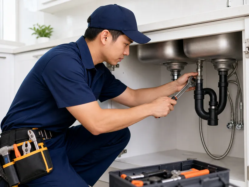 Technician repairing sink plumbing